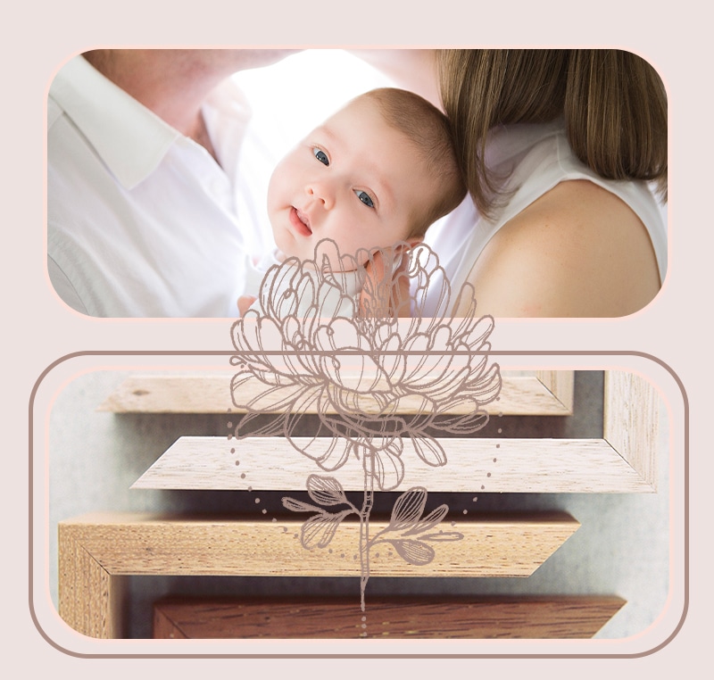 couple kissing over baby and frame samples