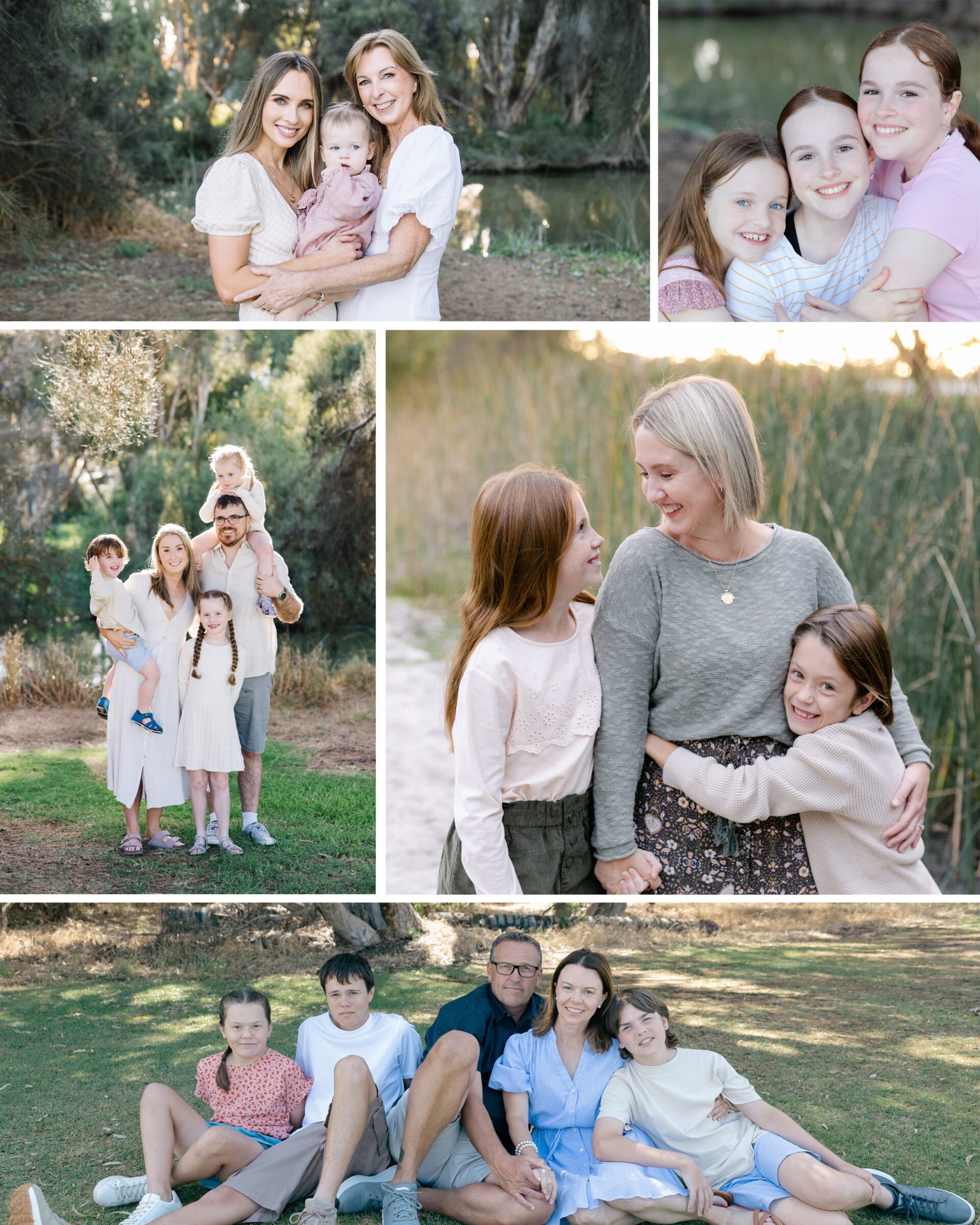 A series of family photos taken at a green park with lake